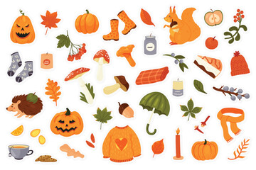 Autumn stickers pack set vector illustration. Cartoon autumn collection with fall acorn and edible mushrooms, Halloween pumpkin, orange leaf of maple oak and chestnut, cozy warm plaid hot tea isolated