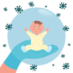 Human hand in medical glove holding bubble with baby boy to protect against omicron and coronavirus disease. Safety and protection of newborns flat vector illustration. Healthcare, medicine concept
