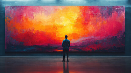 Fototapeta premium Person admiring vibrant abstract painting in gallery (1)
