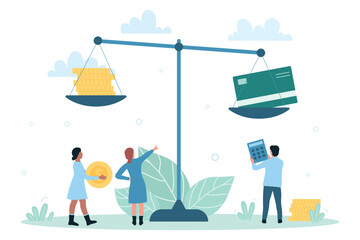 Credit card and cash money on balance scales. Cartoon tiny people with calculator managing weight of gold coins, bills and loan in financial account flat vector illustration. Budget, finance concept