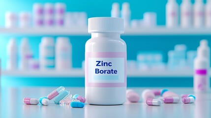 Close-up of a white container labeled 'Zinc Borate' with colorful capsules scattered around, set against a blue background.