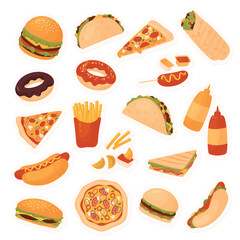 Fast food restaurant menu sticker pack set vector illustration. Cartoon yummy fastfood meal stickers with delicious hot dog sandwich hamburger taco pizza donut french fries cheeseburger isolated