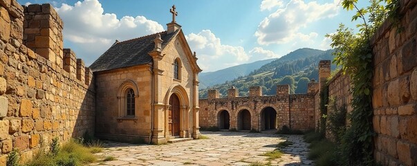 Ancient Church Amidst Aged City Walls A Sunlit Testament to History and Faith