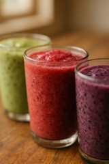 Refreshing trio of green, red, and purple fruit smoothies on wooden table