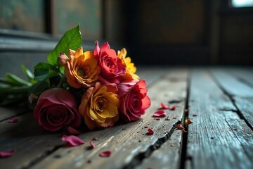 Wilting Bouquet A Melancholic Still Life of Lost Love, depicting fading flowers discarded on aged wooden floorboards, bathed in soft, somber light.