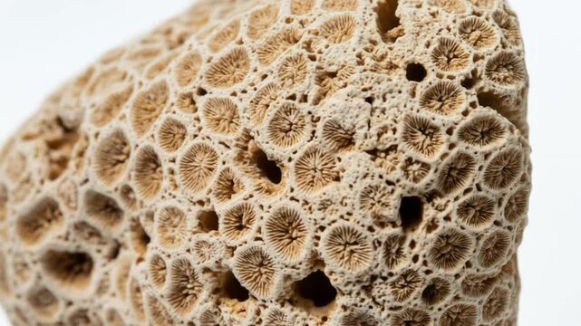 Close up textured patterns and intricate formations of a natural fossil coral piece exhibiting