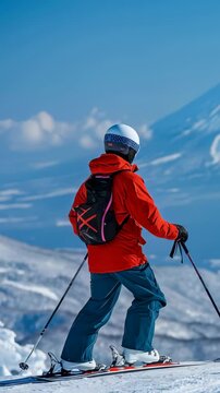 Three skiers pause on a snowy slope, admiring a magnificent, snow-covered mountain under a clear blue sky. The crisp winter air invites outdoor adventure and appreciation of nature's beauty.