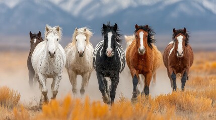 Wild horses galloping in a field