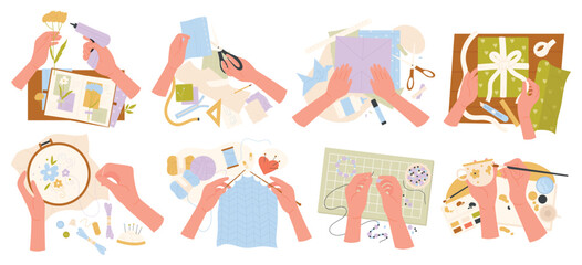 Different craft hobby and workshop set vector illustration. Cartoon hands of talent people making handmade artisan tools, creative embroidery and scrapbooking isolated on white. Handcraft concept