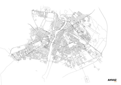 A monochrome vector map of Ahvaz, highlighting highway