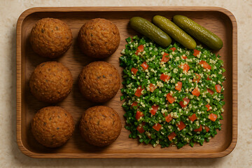 Wooden tray with six falafel balls, a fresh tabbouleh salad, and three pickles arranged neatly.