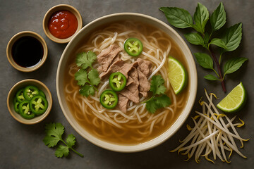 A bowl of Vietnamese pho with beef, noodles, lime, jalapeno, and fresh herbs accompanied by sauces and garnishes on a dark surface.