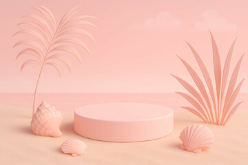 Minimalist pink scene with seashells, tropical leaves, and a round podium on a sandy surface under a soft sky.