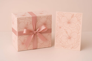 A beautifully wrapped gift box and matching card featuring delicate floral designs in soft pink tones, perfect for special occasions.