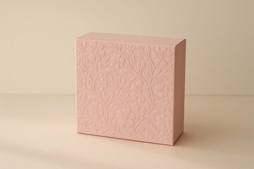 A pastel pink rectangular box with an embossed floral pattern, set against a matching soft beige background.