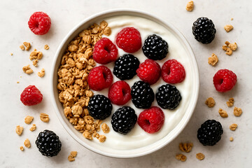 A bowl of creamy yogurt topped with fresh raspberries, blackberries, and crunchy granola, with scattered berries and granola on the surface.