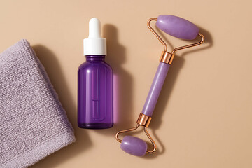 A wellness set featuring a purple dropper bottle, a lavender facial roller, and a matching towel on a beige background.
