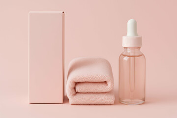Minimalist skincare set with a pink dropper bottle, folded towel, and matching box on a soft pink background.