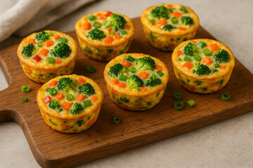 Six colorful vegetable egg muffins with broccoli, carrots, and green onions on a wooden board.
