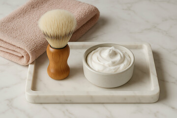 A shaving brush with a wooden handle, a bowl of shaving cream, and a folded towel on a marble tray and countertop.