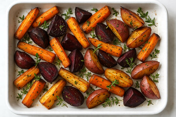 Roasted carrots, beets, and potatoes seasoned with herbs on a white baking tray.