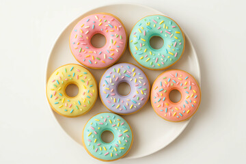 Six colorful donuts with pastel icing and multicolored sprinkles arranged on a white plate.