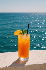 Refreshing orange cocktail with mint on sunny seaside view