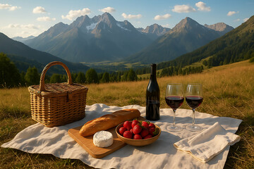 A scenic picnic setup with wine, strawberries, bread, and cheese on a blanket, overlooking a mountainous landscape under a partly cloudy sky.
