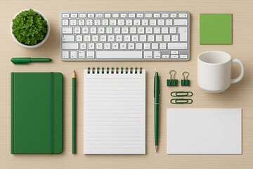 A neatly arranged workspace with green-themed office supplies, a keyboard, notebook, pen, clips, a plant, and a white coffee mug on a light wooden surface.