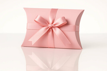 A soft pink pillow-shaped gift box adorned with a satin ribbon bow, reflecting elegantly on a glossy surface.
