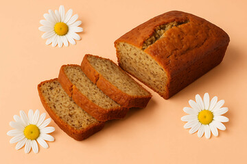 A freshly baked loaf of banana bread with three slices cut, surrounded by three white daisies on a peach background.