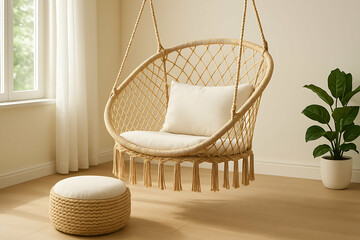 Cozy indoor setting with a hanging wicker chair, cushioned ottoman, and a potted plant near a large window with soft natural light.