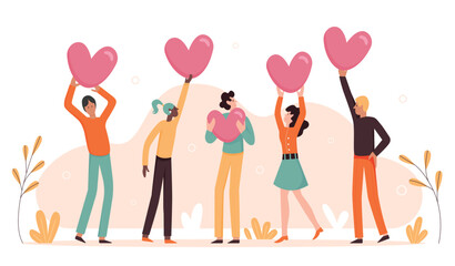 Customers review, support and best rating of services. Cartoon satisfied clients or followers holding hearts to rate and vote for quality of experience flat vector illustration. Satisfaction concept