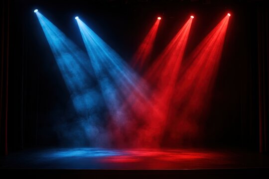 Theatrical stage with dramatic blue and red spotlight beams cutting through atmospheric smoke effects