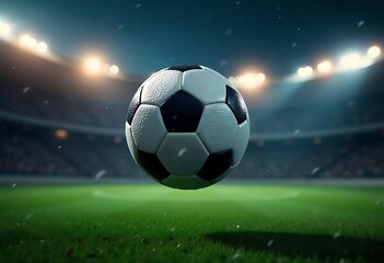 Generative AI Soccer ball flying over a stadium pitch night