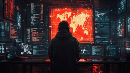 Person Analyzing Global Data in a High-Tech Room