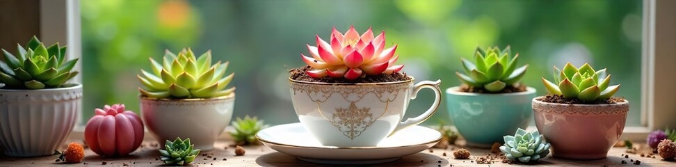 Charming Succulents in Vintage Teacup Planter Spring and Summer Home Decor