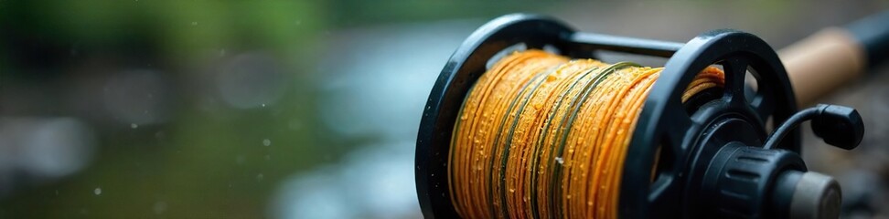 Glistening Fishing Line Coiled on Reel, Ready for Trout Fishing - High-Quality Outdoor Image