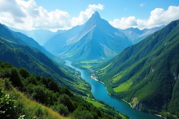 Majestic Mountain Range Panoramic Lush Valleys, Winding River, Tranquil Wilderness