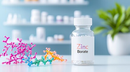 A clear bottle with Zinc Borate capsules, vibrant molecular model in the foreground, set against a softly blurred background.