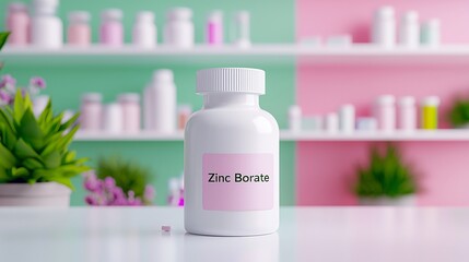 A white bottle labeled 'Zinc Borate' stands out against a pastel background, evoking a clean and modern aesthetic.