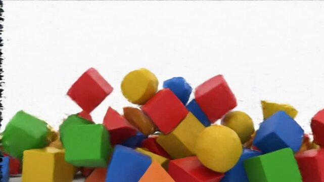A stack of abstract blocks shaking and then collapsing as the screen flickers


