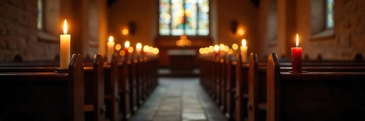 Flickering Candlelight Illuminates Rustic Church Interior Warm Spiritual Ambiance