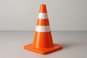 Bright orange safety traffic cone with reflective white stripes positioned for construction zone visibility