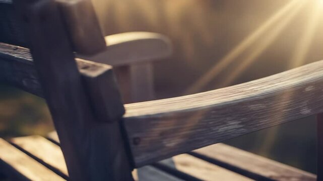 Close up video showing detailed textures and sunlight reflections on a rustic wooden bench armrest