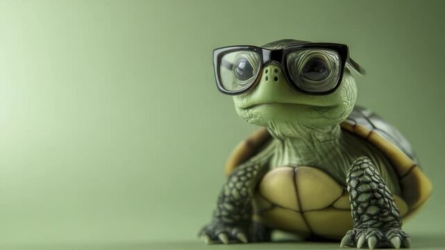 Cute turtle wearing glasses on green background.