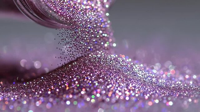 Pouring purple glitter from a container creating a sparkling and shiny pile