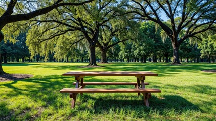 Fototapeta premium Wooden Picnic Table, Scenic Meadow, Hiking Spot