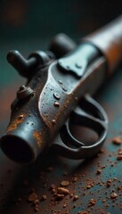 Rusty Antique Firearm Close-up Damaged Barrel, Menacing Presence, Blurred Background, Danger, Destruction, Lethal Weapon