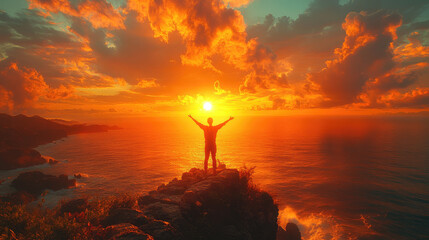 Person celebrating sunset on cliff by ocean waves